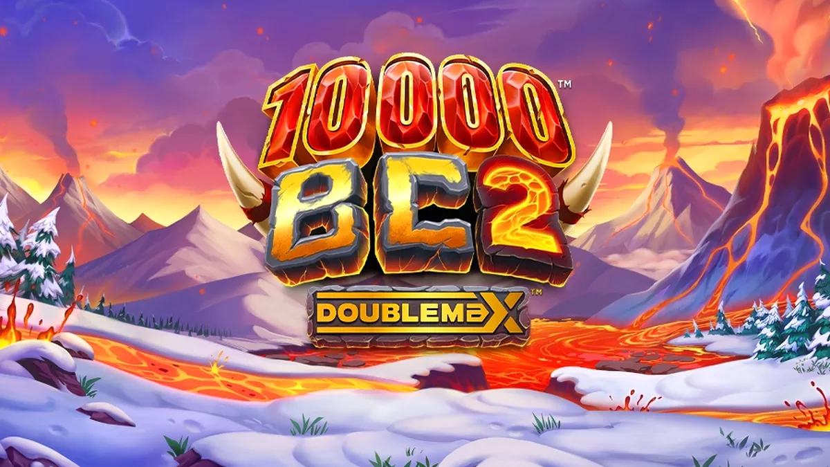 Cena de jogo do caça-níqueis 10000 BC DoubleMax 2 com vulcão e mamute