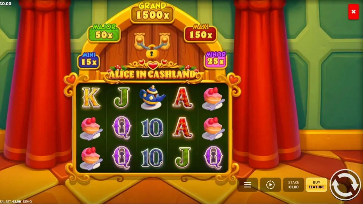 Interface do jogo Alice in Cashland com elementos temáticos do País das Maravilhas