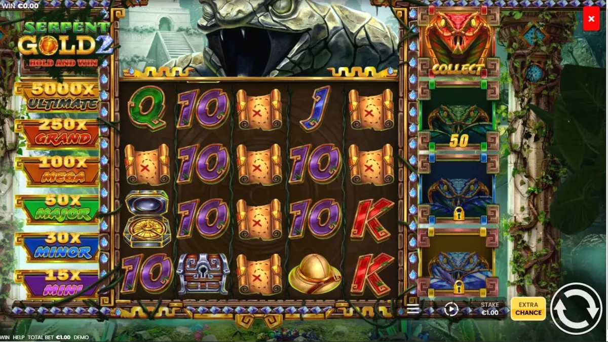 Interface visual do jogo Serpent Gold 2 com tema de selva e serpentes
